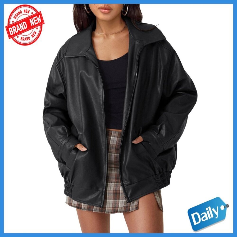 Oversized Faux Leather Motorcycle Jacket with Zipper Closure
